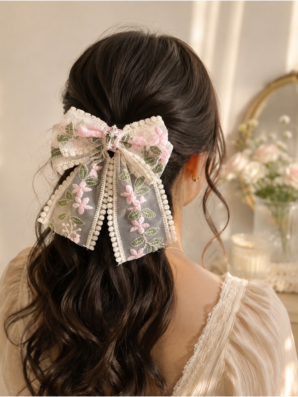 Romantic Pink Embroidered Lace Bow Hair Clip for Women